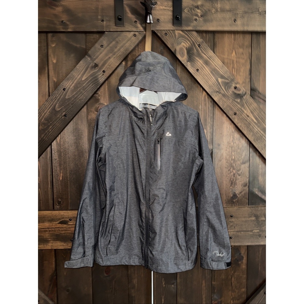 Paradox Womens Hooded Rain Shell Jacket Sz XL Gray Zip Front Pockets Nylon Blnd